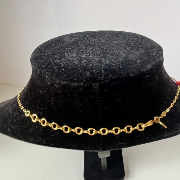 Y2K Joan Rivers Coral Enamel Pendant Necklace Gold Tone Chain Retro Rhinestone - Picture 6 of 13